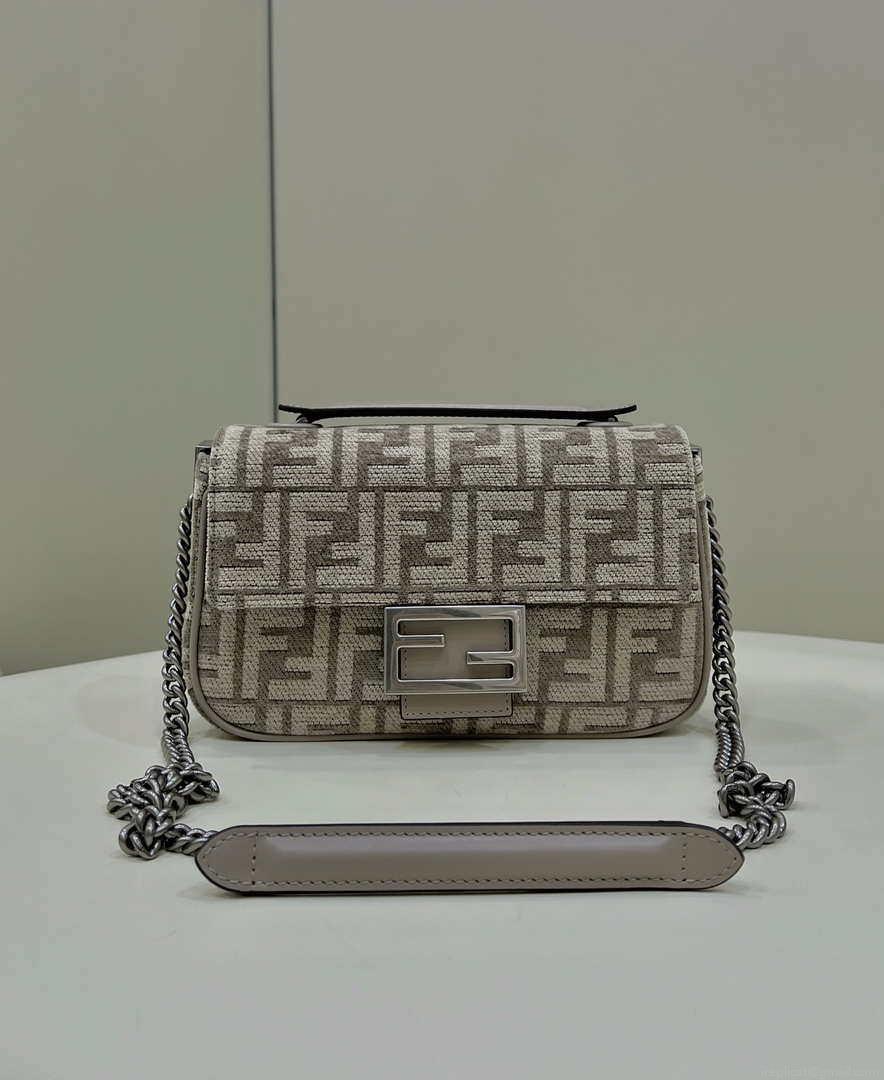 Fendi 8BS017 Mini Baguette Chain Midi Dove gray FF tapestry fabric bag 8579S