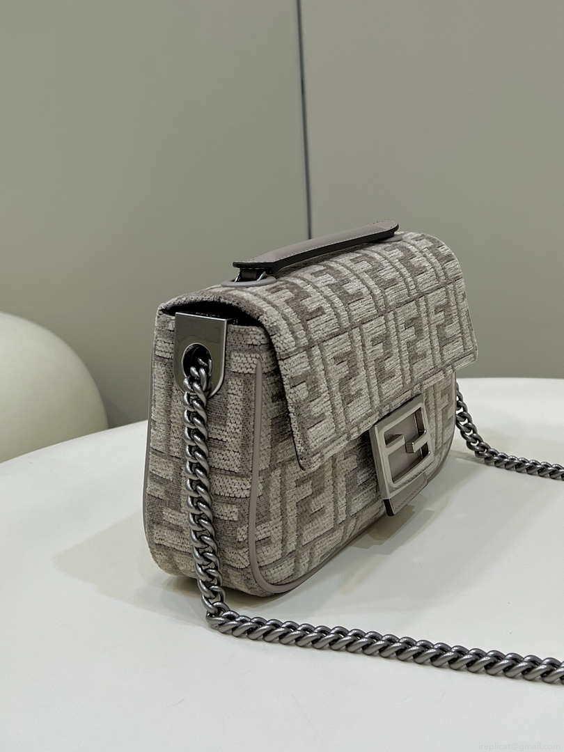 Fendi 8BS017 Mini Baguette Chain Midi Dove gray FF tapestry fabric bag 8579S