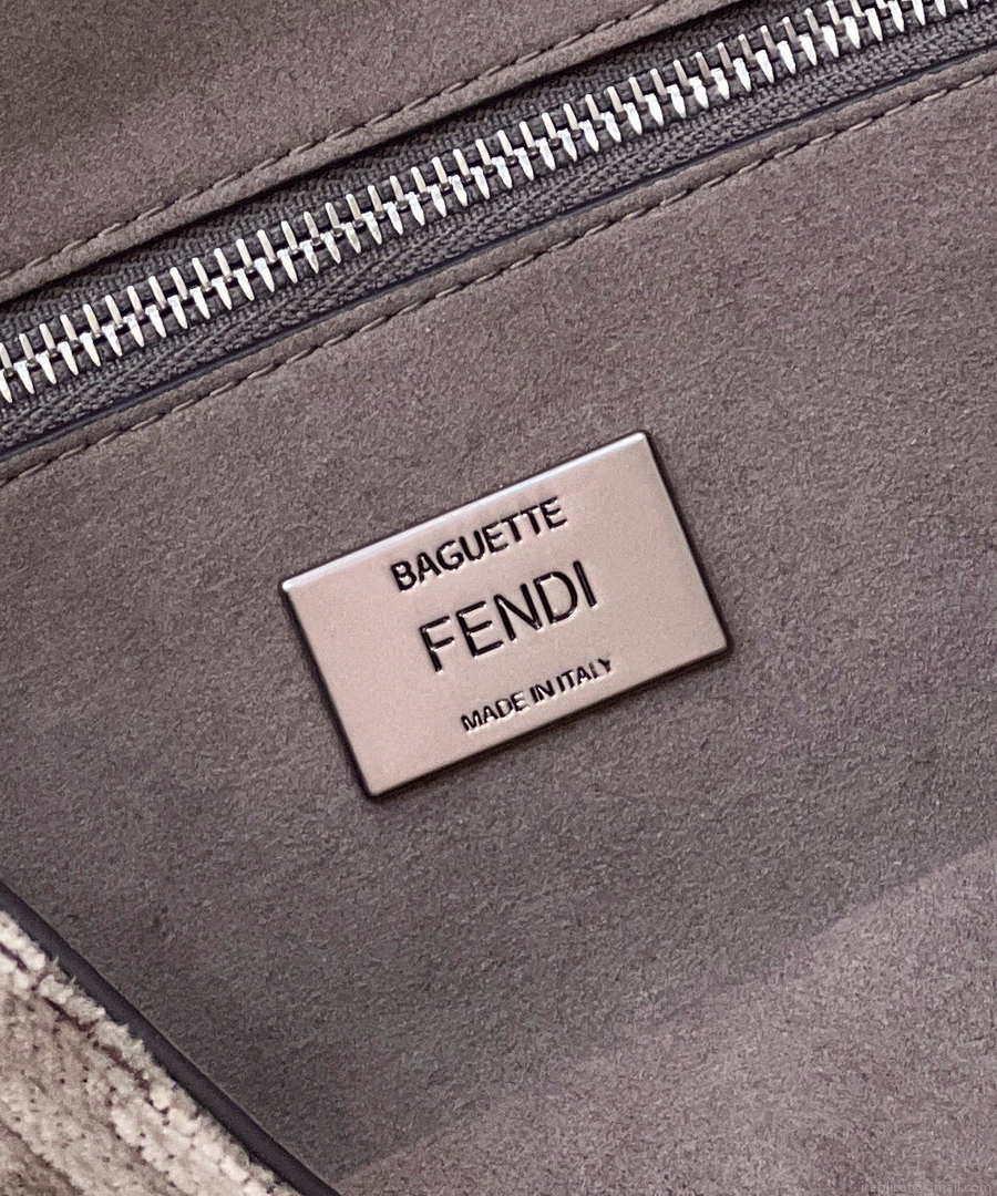 Fendi 8BS017 Mini Baguette Chain Midi Dove gray FF tapestry fabric bag 8579S