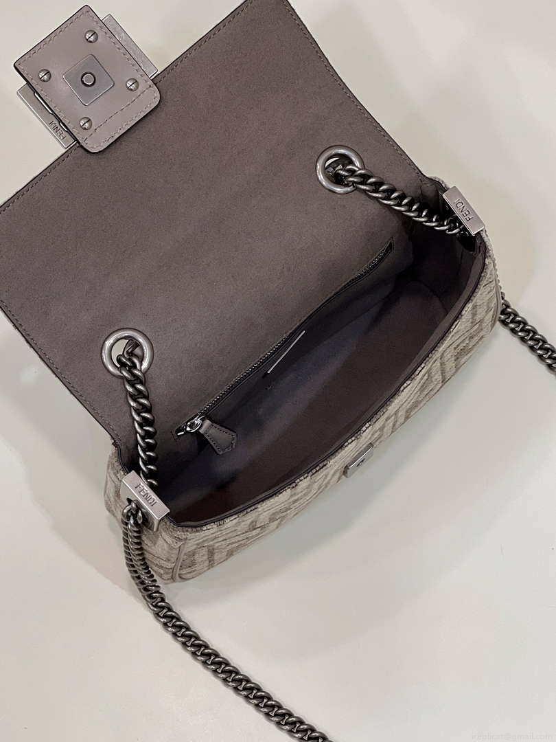 Fendi 8BS017 Mini Baguette Chain Midi Dove gray FF tapestry fabric bag 8579S