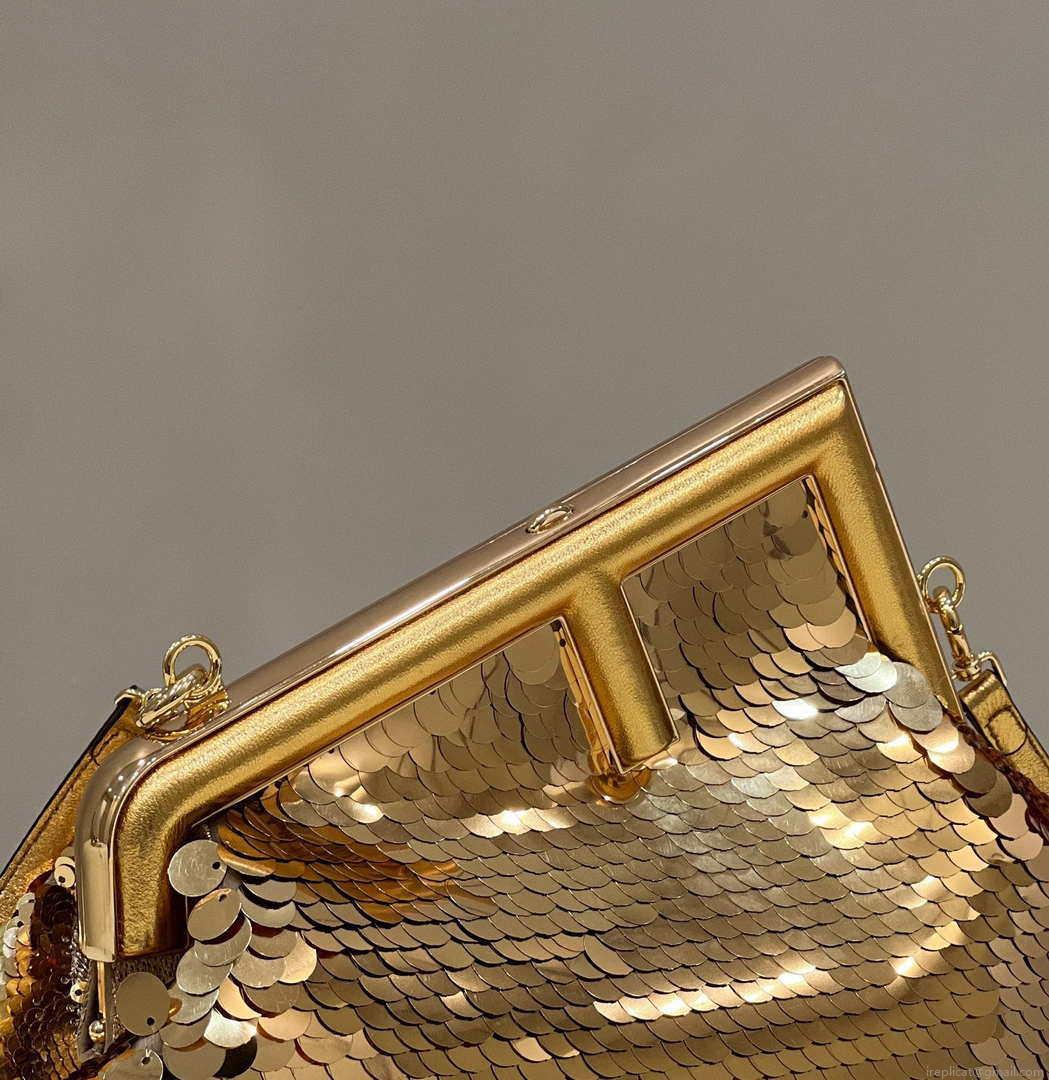 Fendi 8BP129 Fendi First Small Gold-colored leather and sequinned bag 80066
