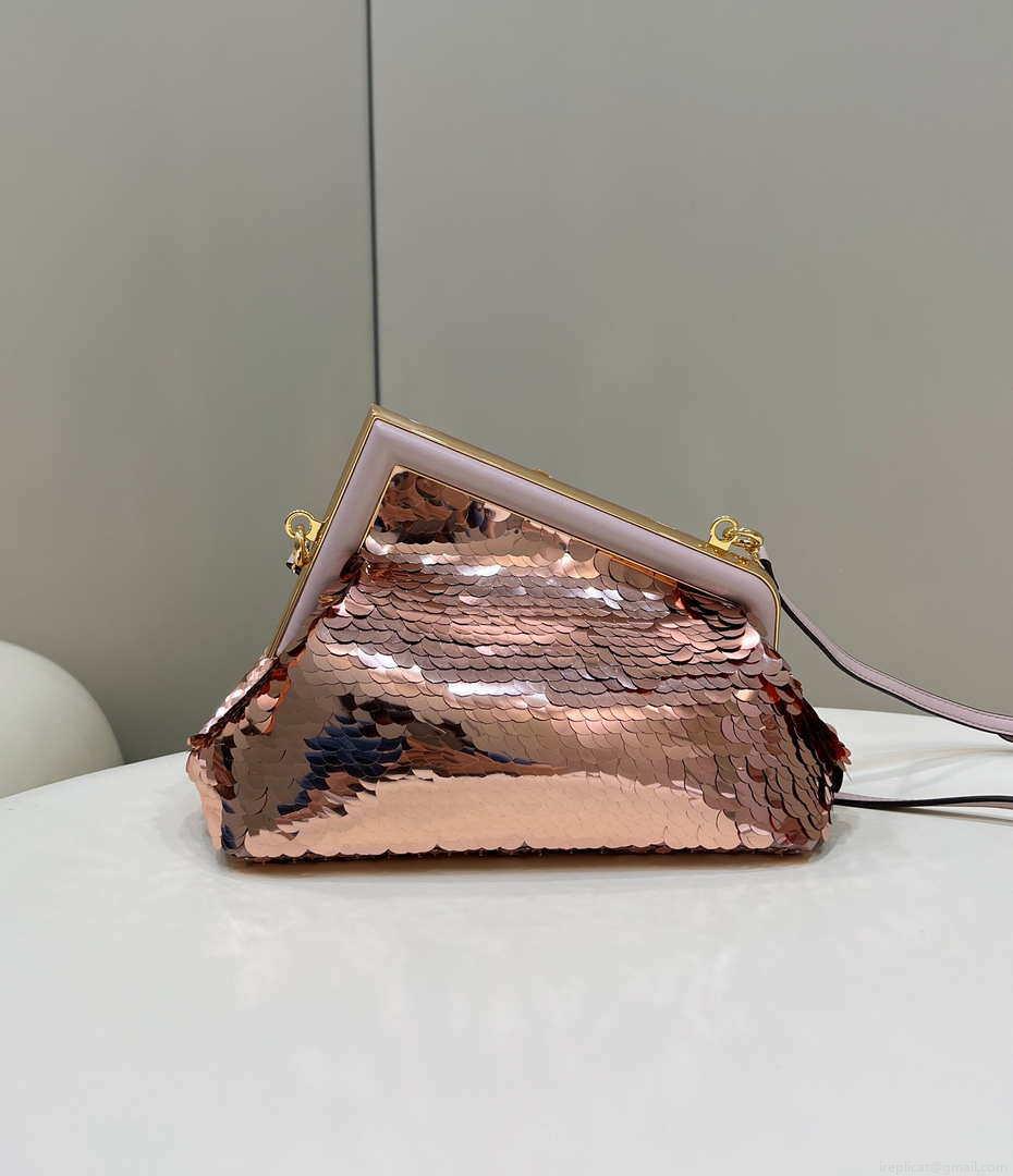 Fendi 8BP129 Fendi First Small Rose Red Gold-colored leather and sequinned bag 80066
