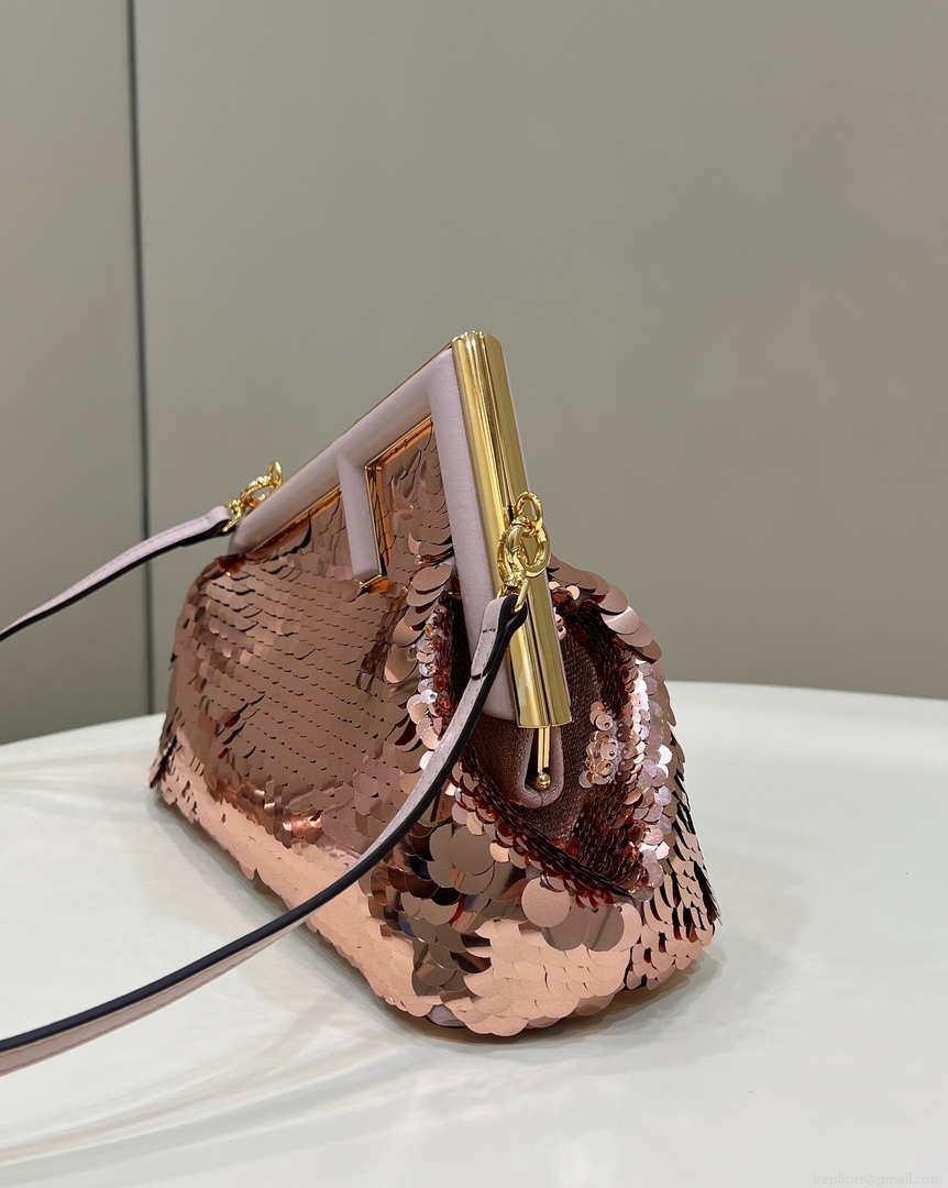 Fendi 8BP129 Fendi First Small Rose Red Gold-colored leather and sequinned bag 80066