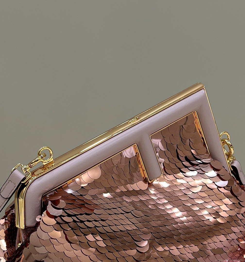 Fendi 8BP129 Fendi First Small Rose Red Gold-colored leather and sequinned bag 80066