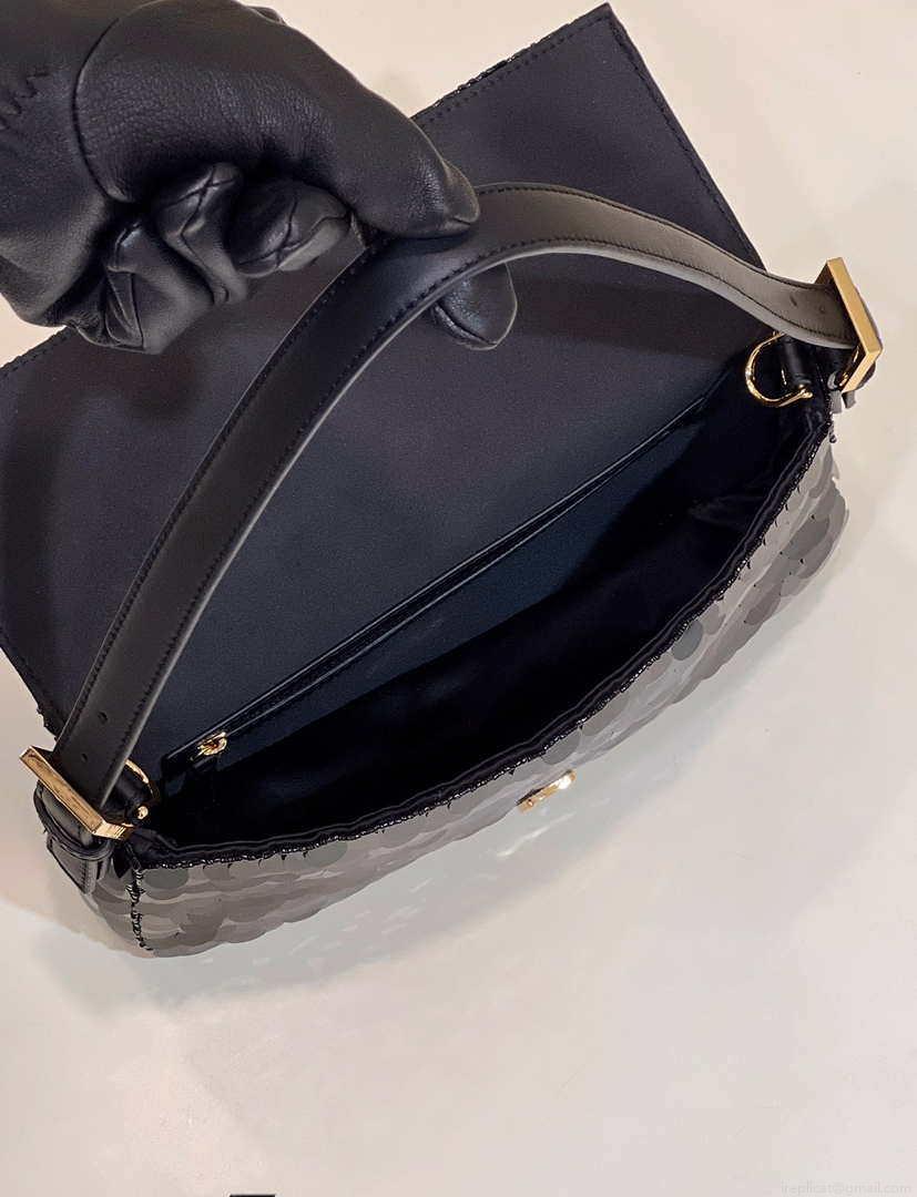 Fendi 8BR792 Medium Baguette 1997 Black Satin Bag with Sequins 8528