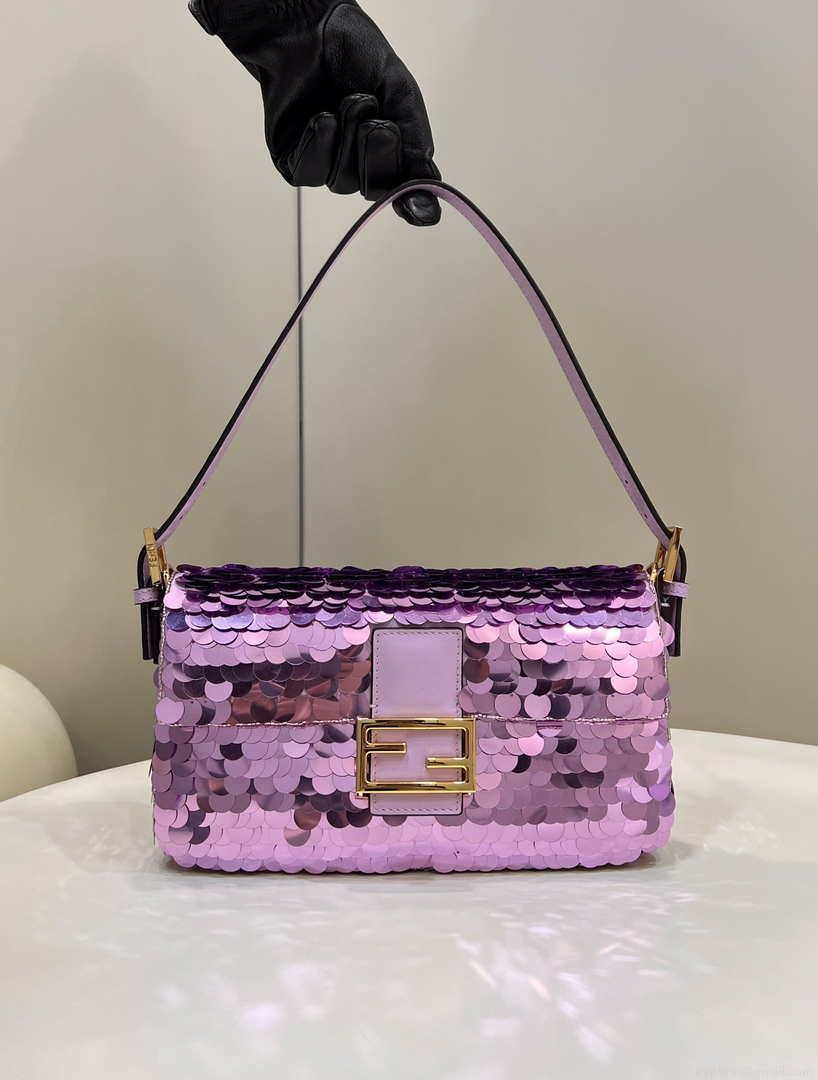 Fendi 8BR792 Medium Baguette 1997 Purple Satin Bag with Sequins 8528