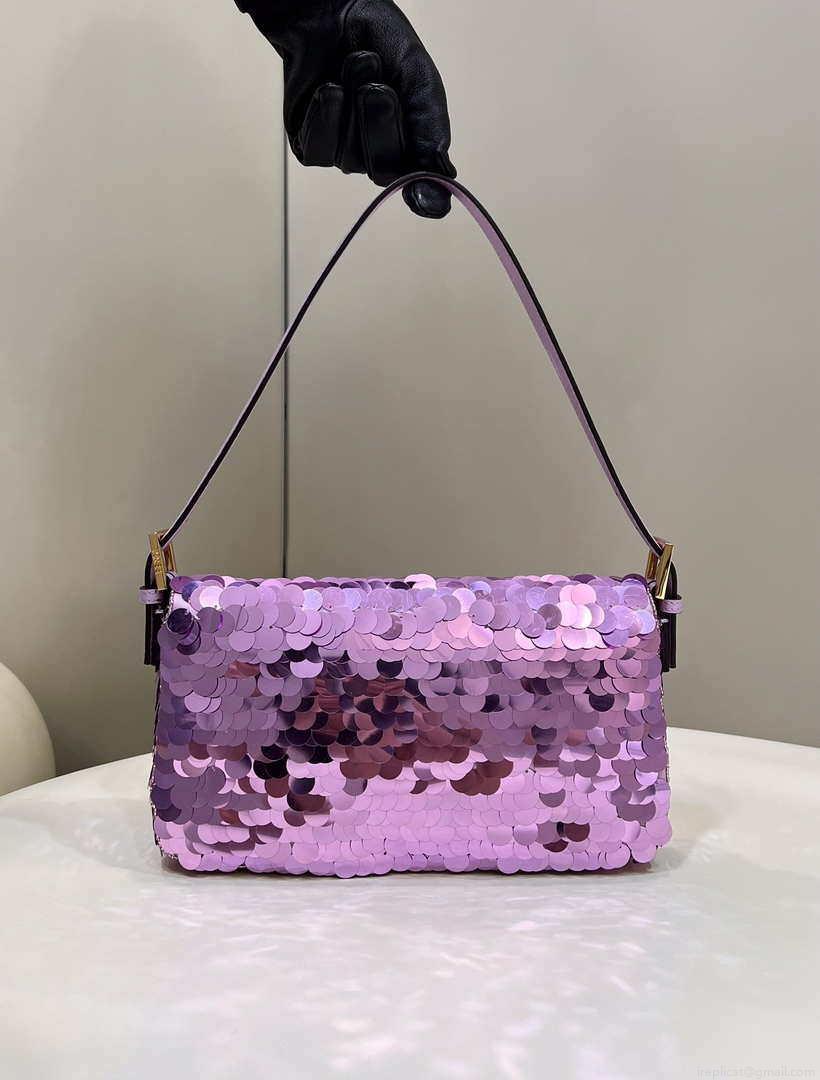 Fendi 8BR792 Medium Baguette 1997 Purple Satin Bag with Sequins 8528