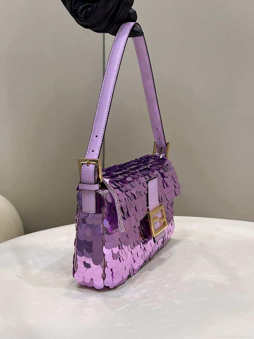 Fendi 8BR792 Medium Baguette 1997 Purple Satin Bag with Sequins 8528