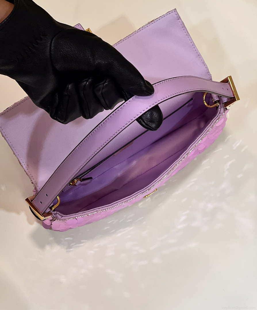 Fendi 8BR792 Medium Baguette 1997 Purple Satin Bag with Sequins 8528