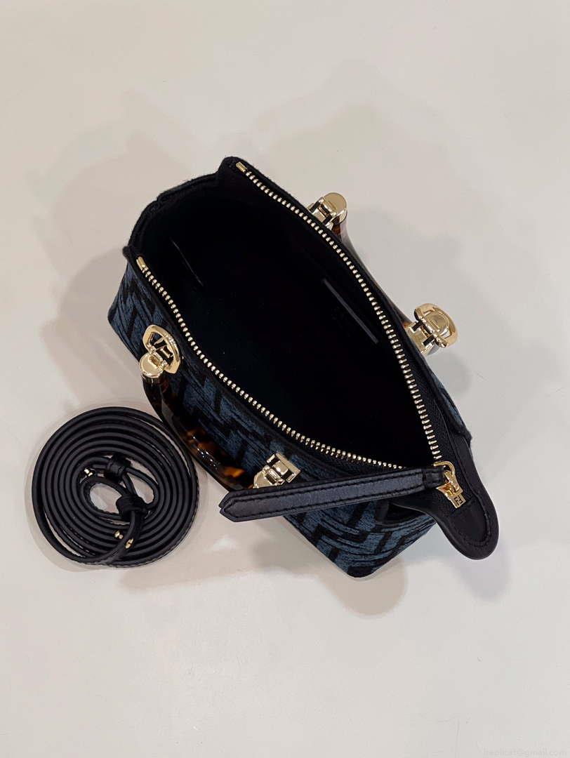 Fendi 8BS067 By The Way Mini Small Boston Jacquard FF fabric bag Navy blue