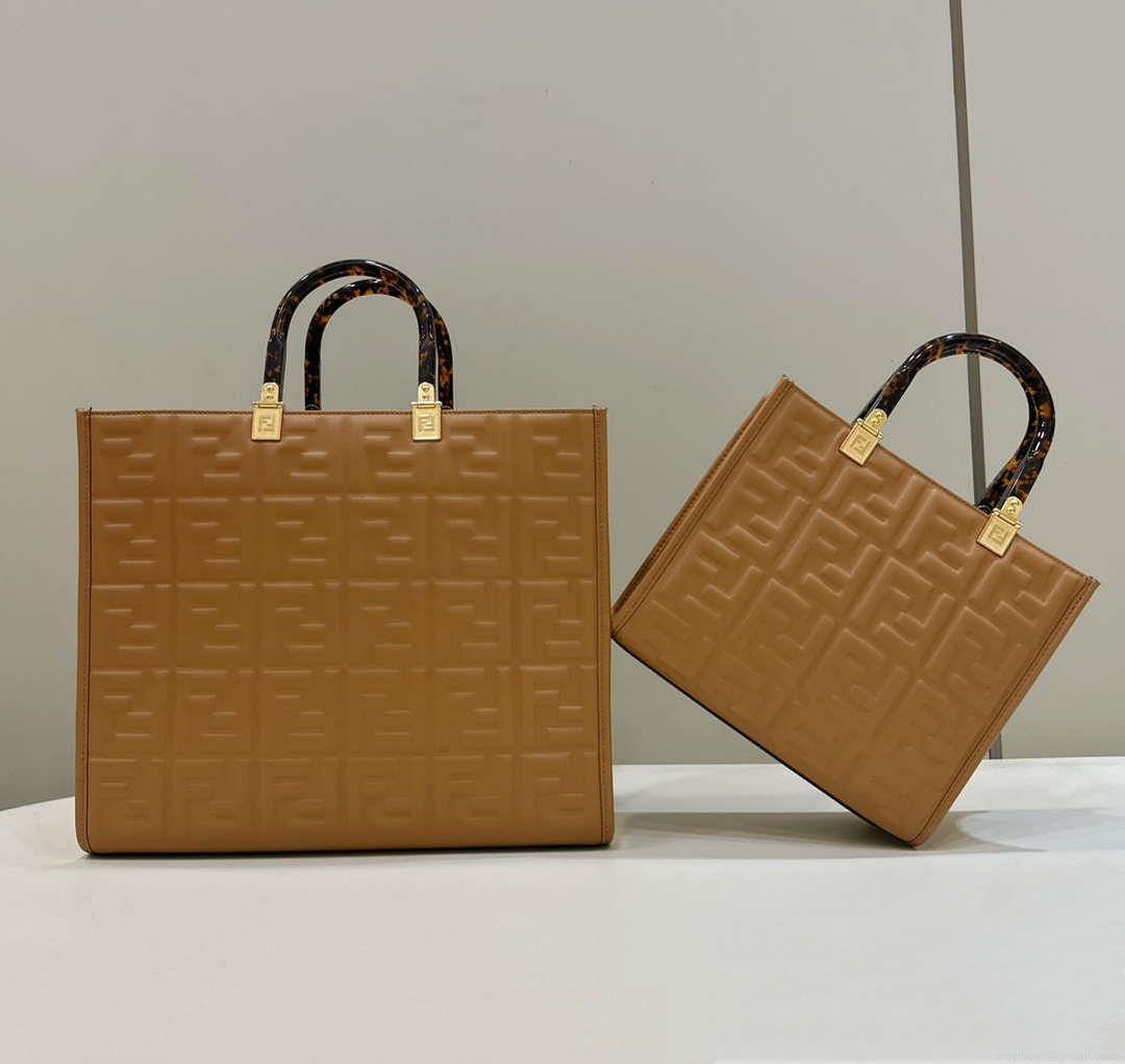 Fendi 8BH394 Fendi Sunshine Small Tan leather shopper Printer FF