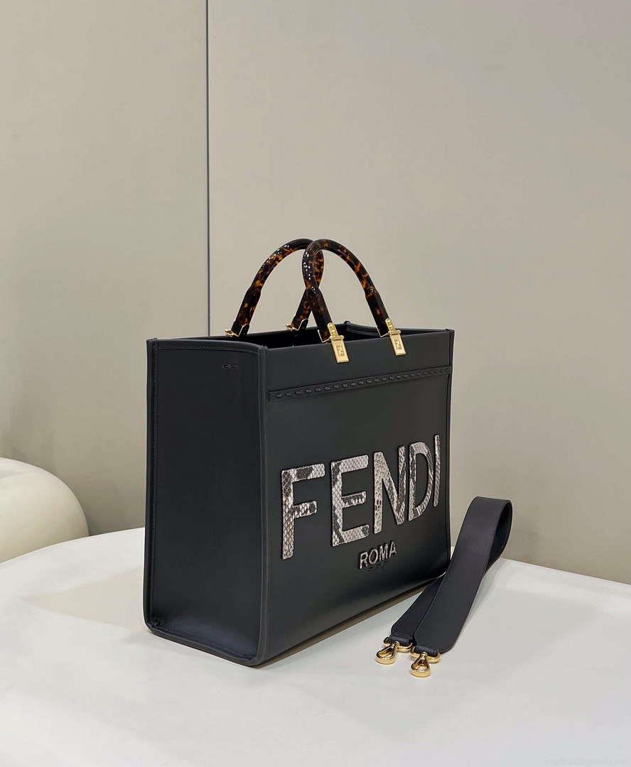 Fendi 8BH386 Sunshine Medium Tote Black Leather and elaphe shopper bag