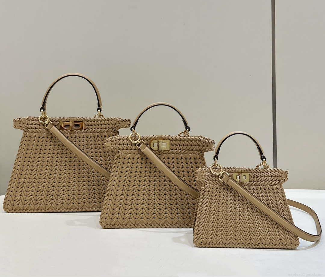 Fendi 8BN327 Peekaboo ISeeU Small Apricot interlace leather bag 80138M