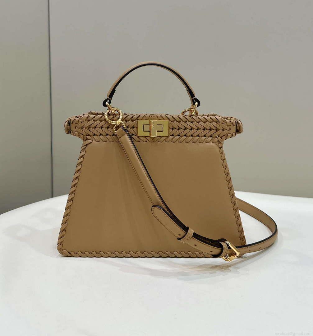 Fendi 8BN327 Peekaboo ISeeU Small Apricot interlace leather bag 80138M