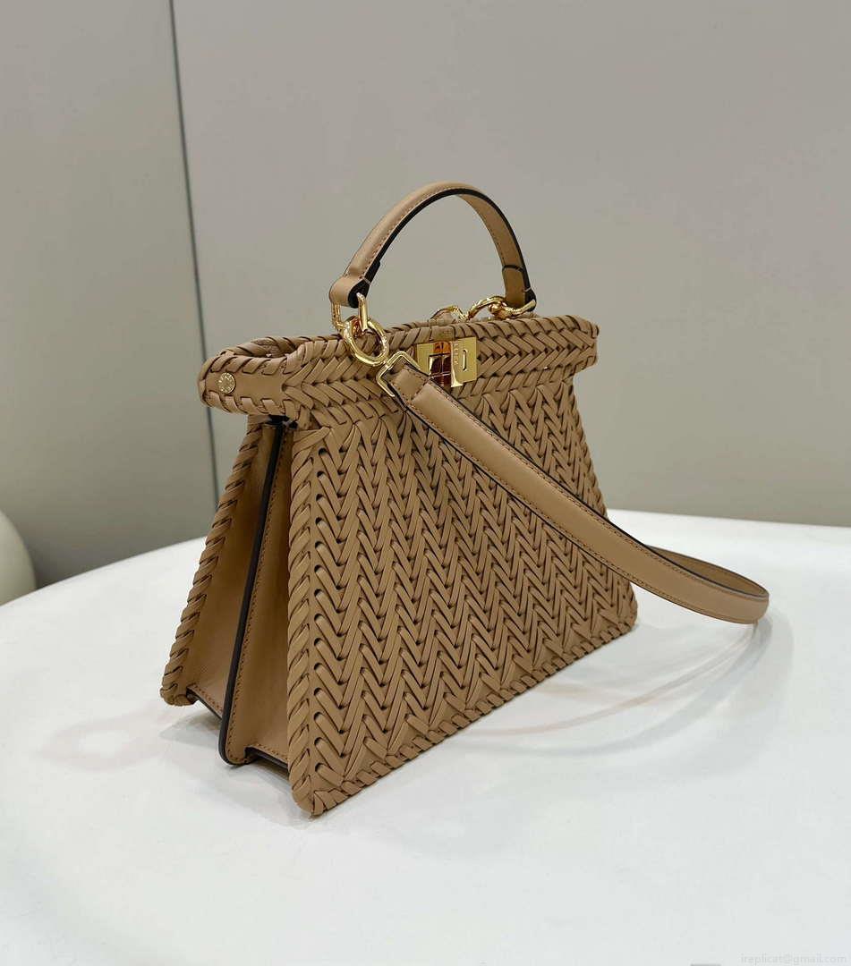 Fendi 8BN327 Peekaboo ISeeU Small Apricot interlace leather bag 80138M