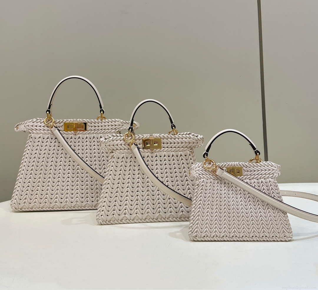 Fendi 8BN321 Peekaboo ISeeU Medium Beige interlace leather bag 80138L