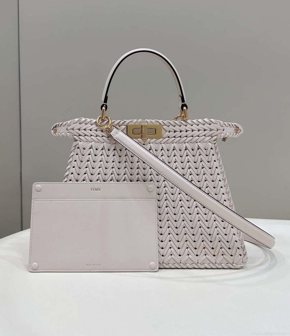 Fendi 8BN321 Peekaboo ISeeU Medium Beige interlace leather bag 80138L
