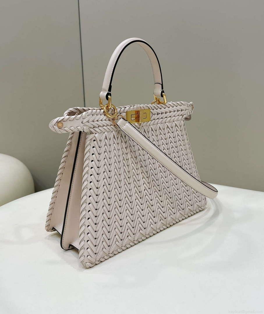 Fendi 8BN321 Peekaboo ISeeU Medium Beige interlace leather bag 80138L