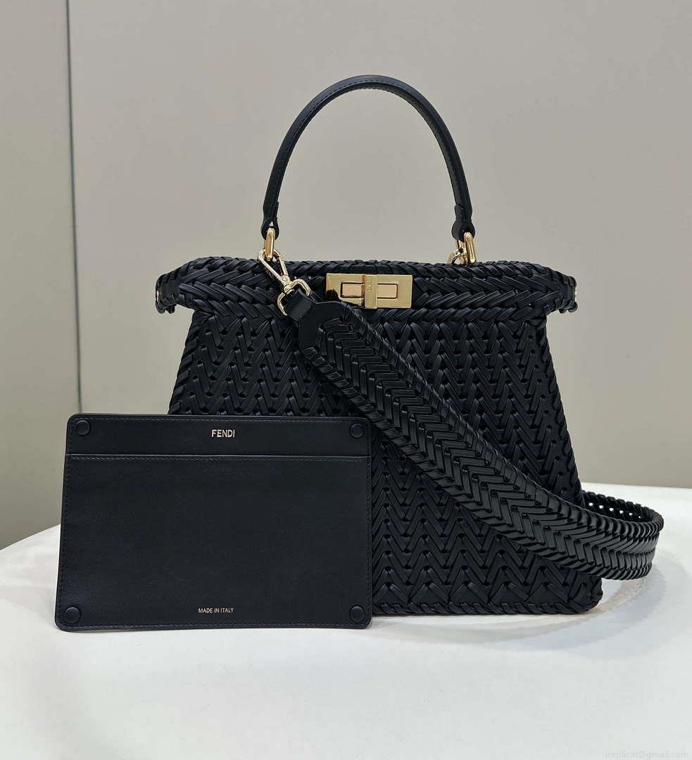 Fendi 8BN321 Peekaboo ISeeU Medium Black interlace leather bag 80138L