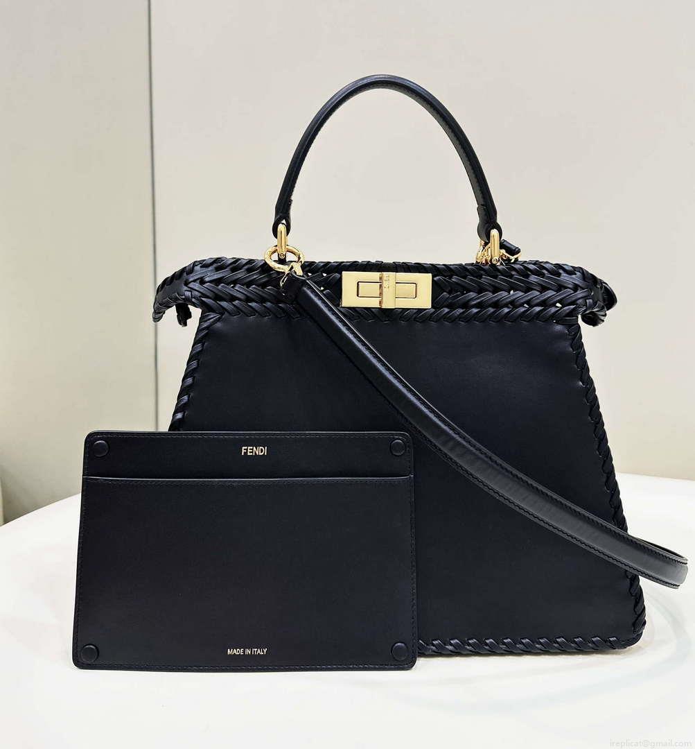 Fendi 8BN321 Peekaboo ISeeU Medium Black interlace leather bag 80138L