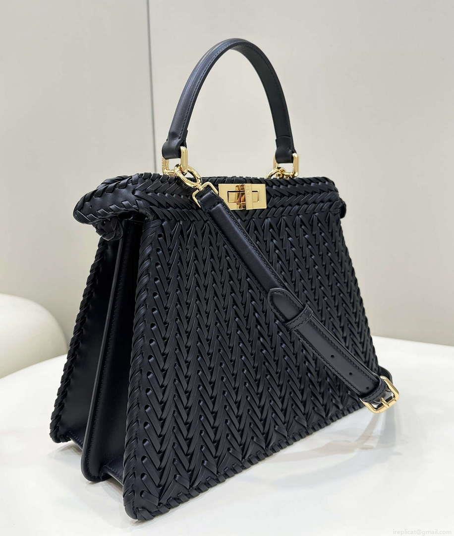 Fendi 8BN321 Peekaboo ISeeU Medium Black interlace leather bag 80138L