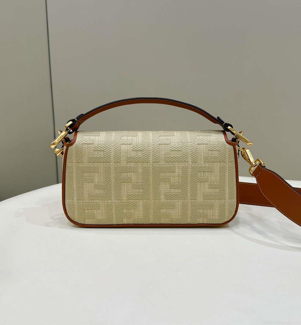 Fendi 8BR600 Baguette Natural straw bag with FF embroidery Beige