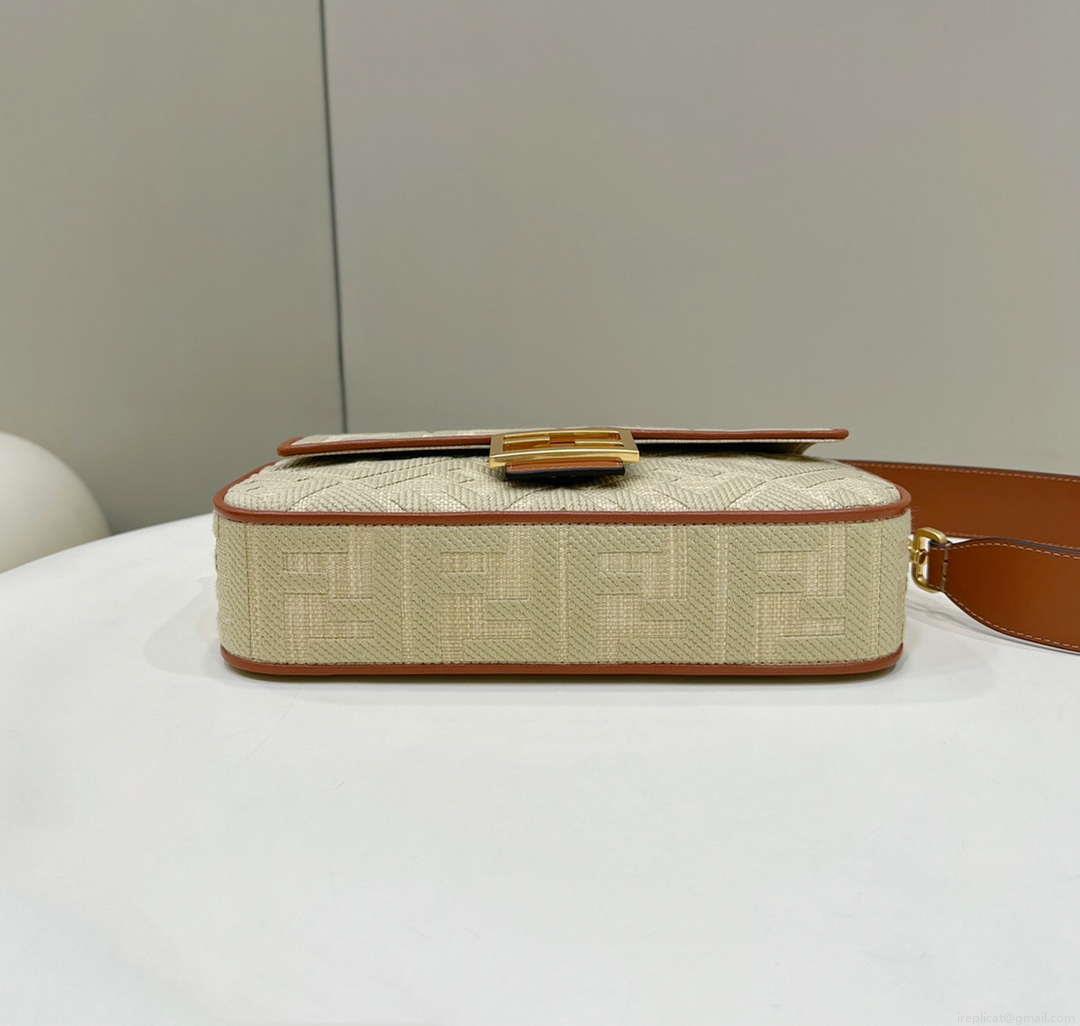 Fendi 8BR600 Baguette Natural straw bag with FF embroidery Beige