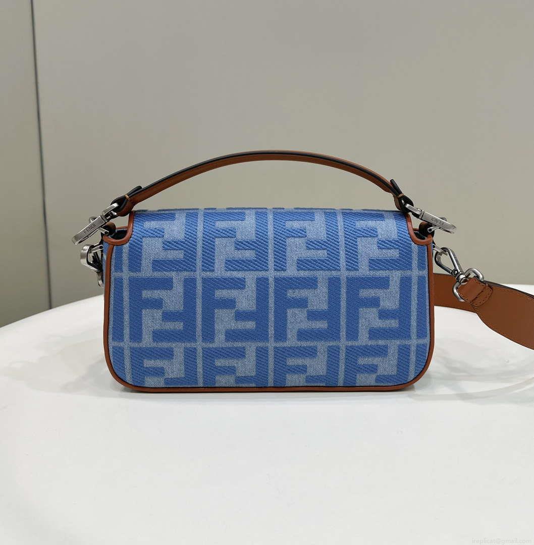 Fendi 8BR600 Baguette Medium Light blue denim bag with FF embroidery