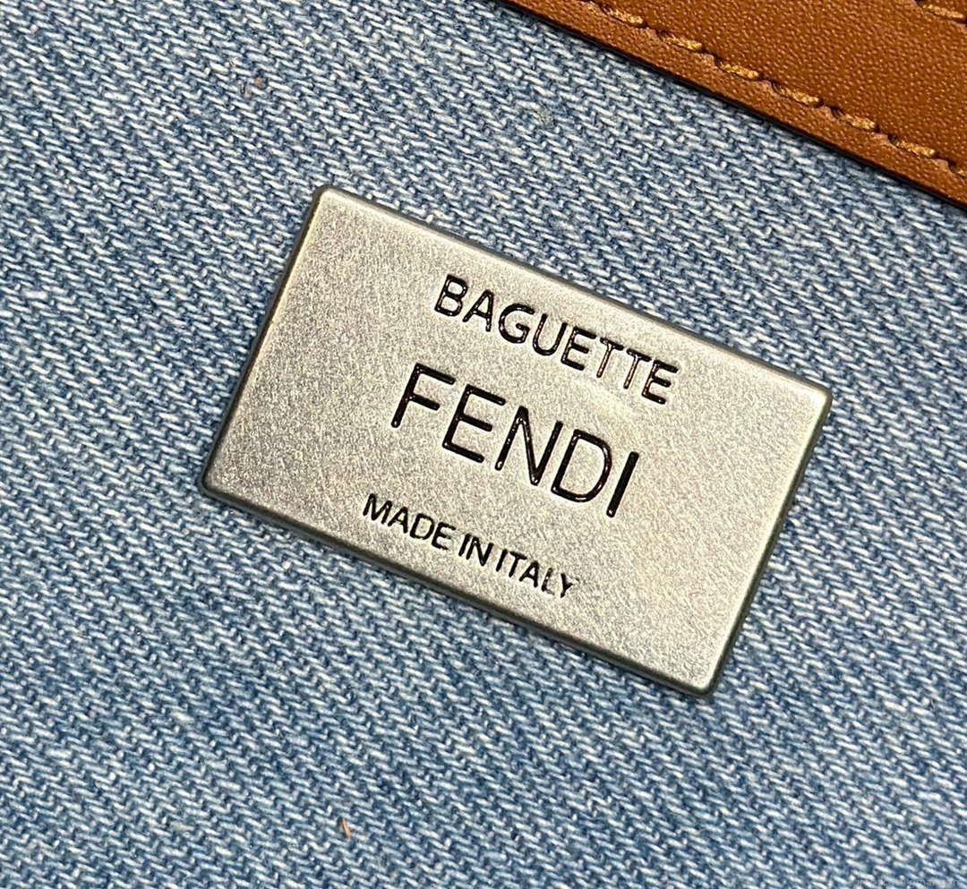 Fendi 8BR600 Baguette Medium Light blue denim bag with FF embroidery