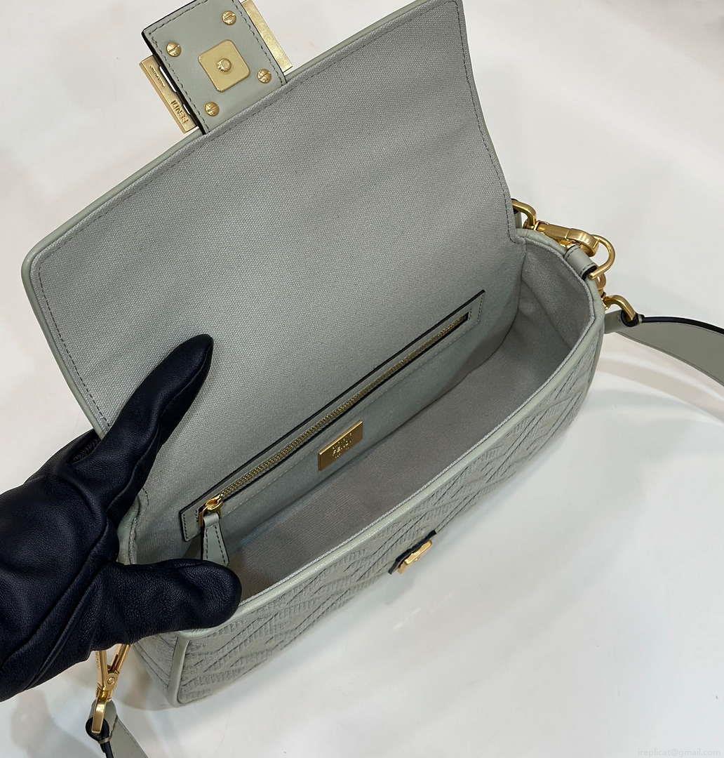 Fendi 8BR600 Baguette Medium bag with FF embroidery Light green 0159A