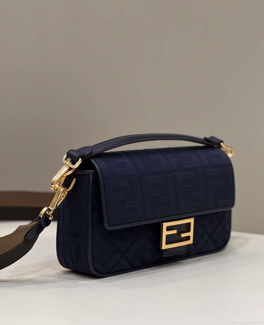 Fendi 8BR600 Baguette Medium bag with FF embroidery 0159AM Navy Blue