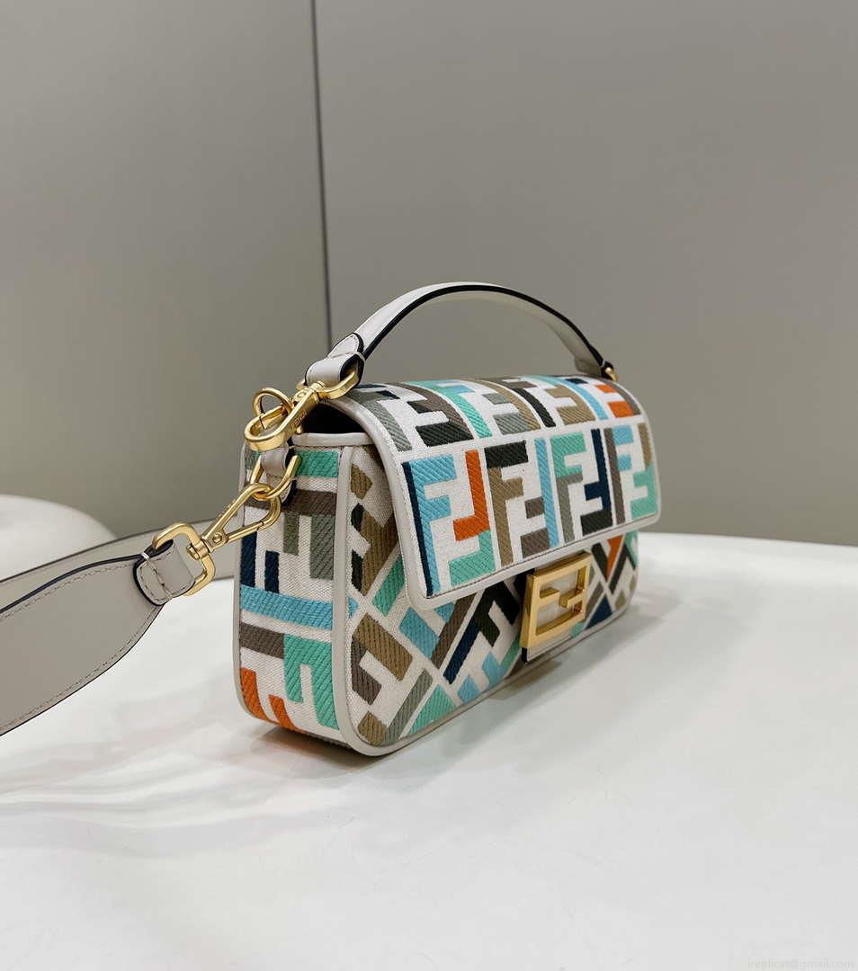 Fendi 8BR600 Baguette Medium Multicolour canvas bag with FF embroidery 0159A
