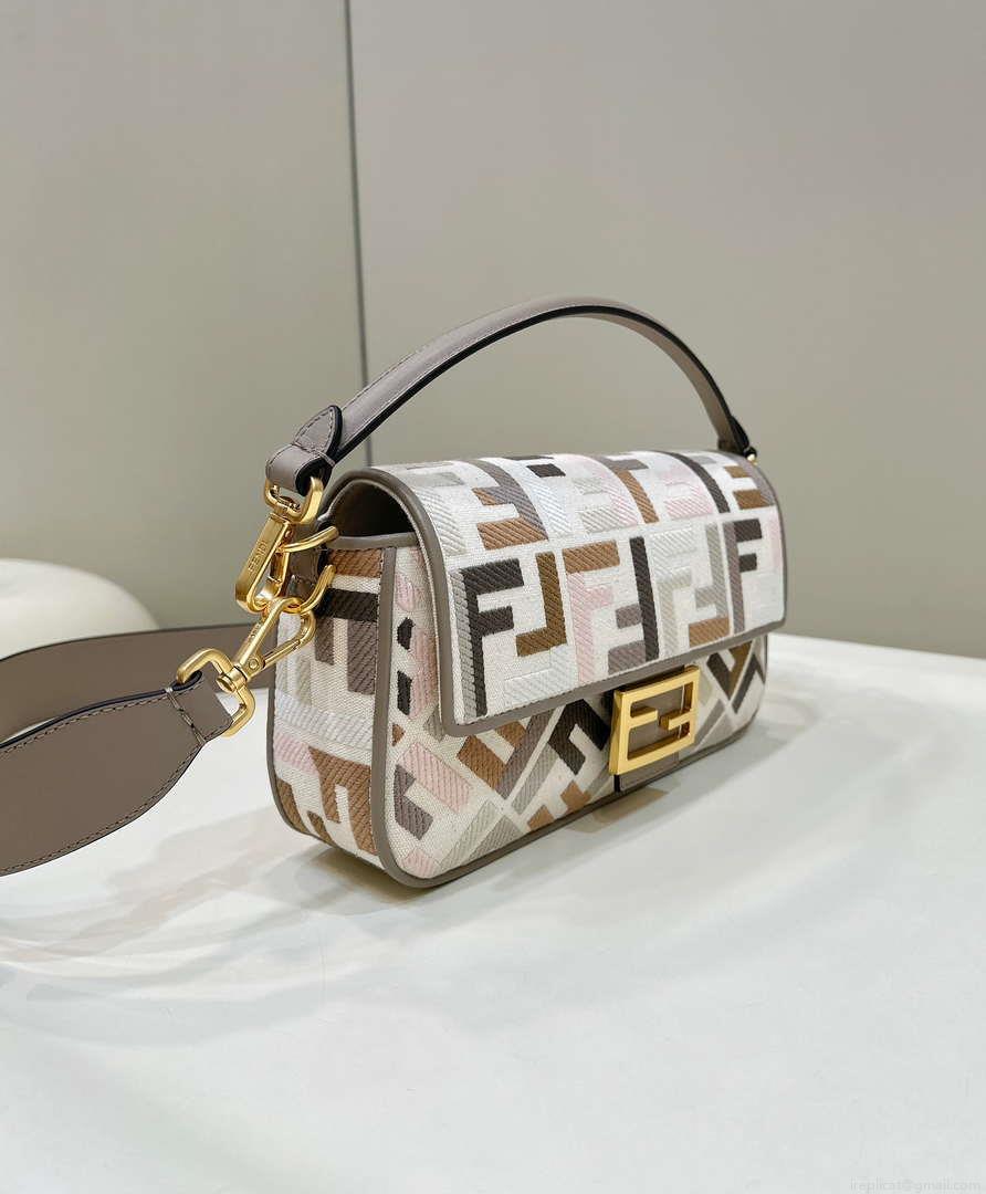 Fendi 8BR600ANH4F1LF5 Baguette Medium Multicolour canvas bag with FF embroidery 0159B