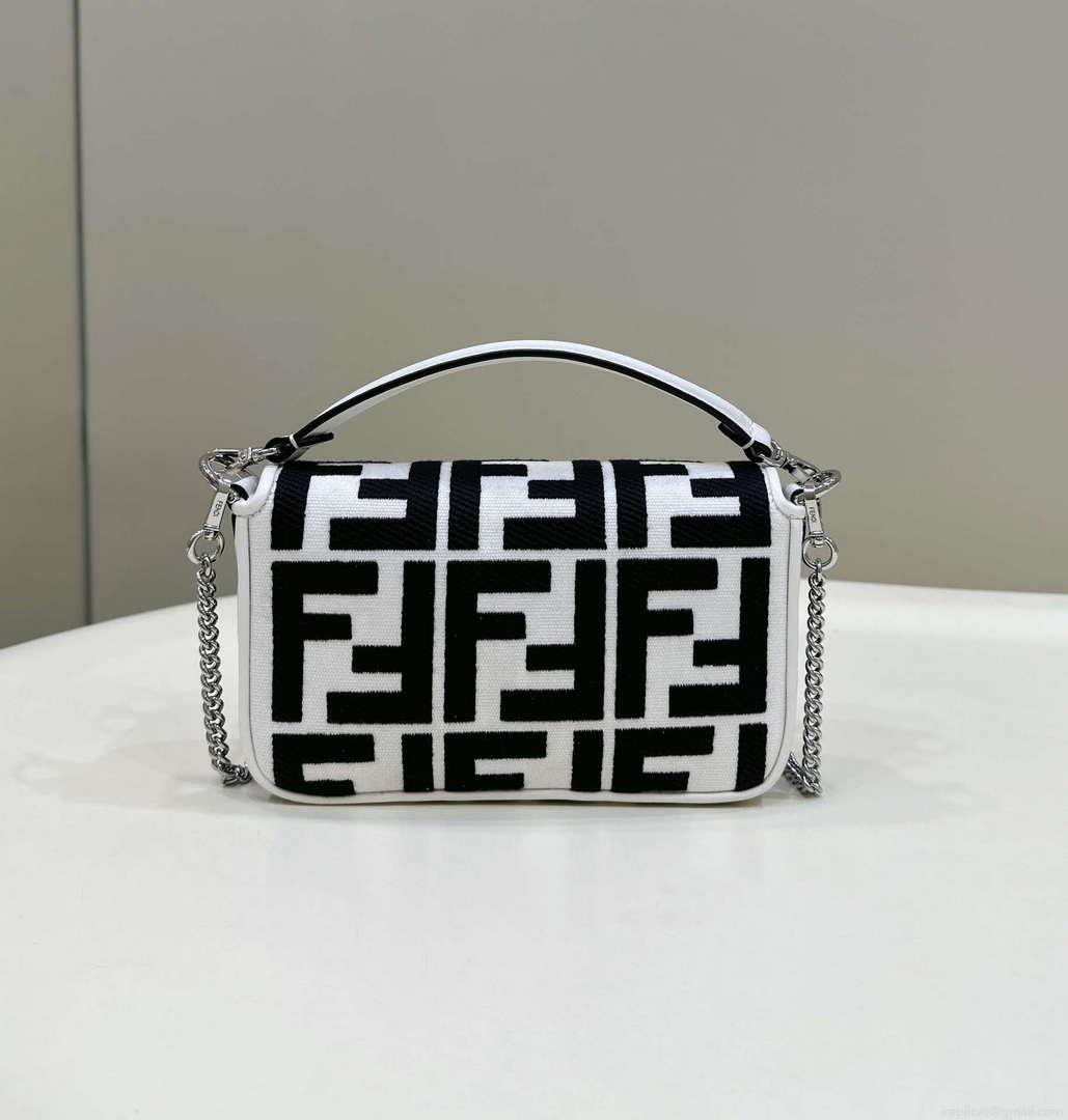 Fendi 8BS017 Mini Baguette White and black canvas bag with FF embroidery 0159BS