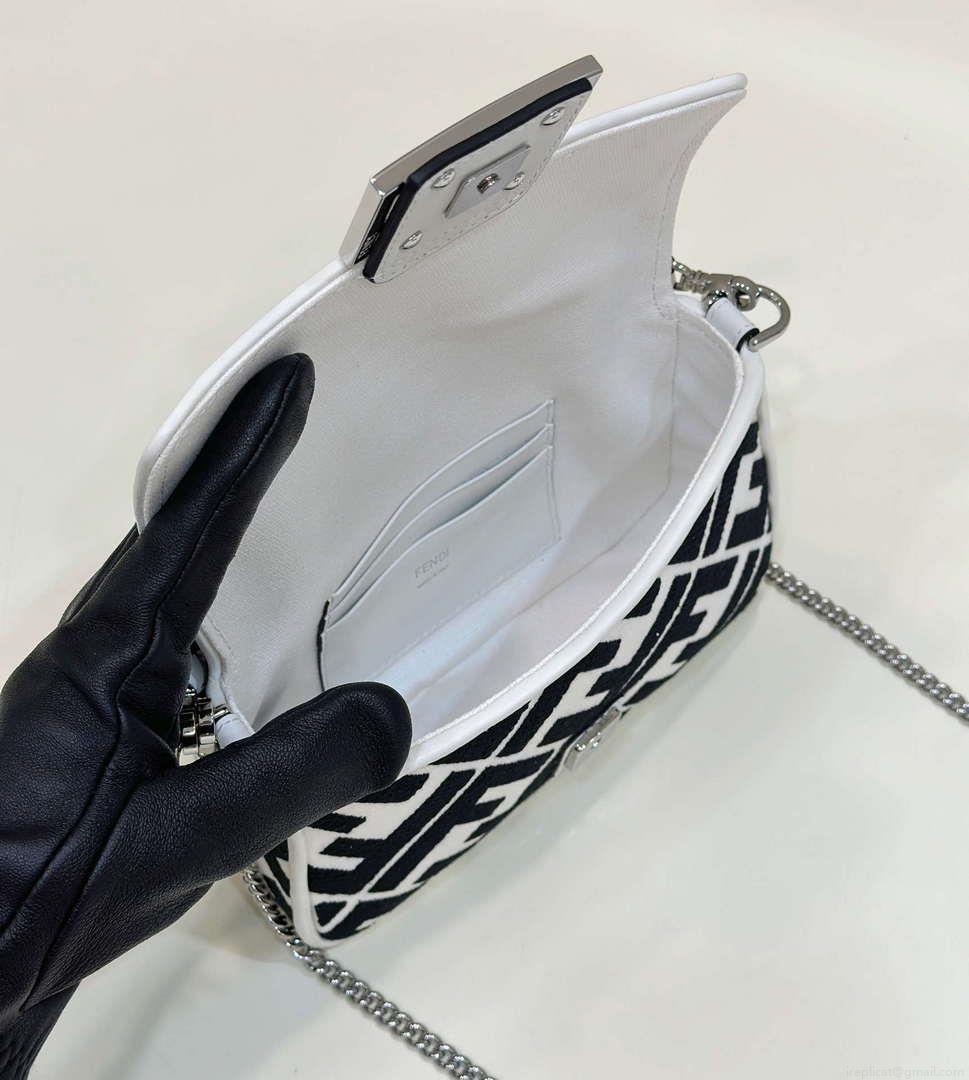 Fendi 8BS017 Mini Baguette White and black canvas bag with FF embroidery 0159BS