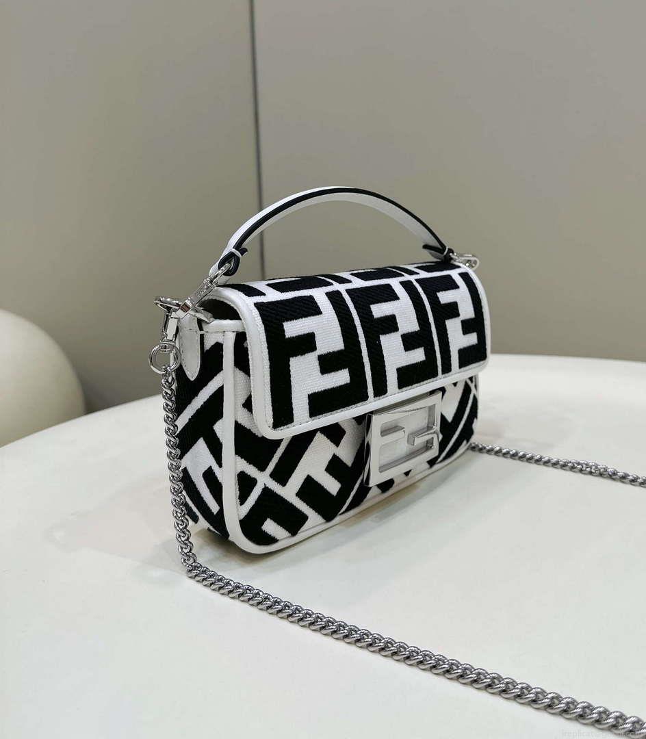 Fendi 8BS017 Mini Baguette White and black canvas bag with FF embroidery 0159BS