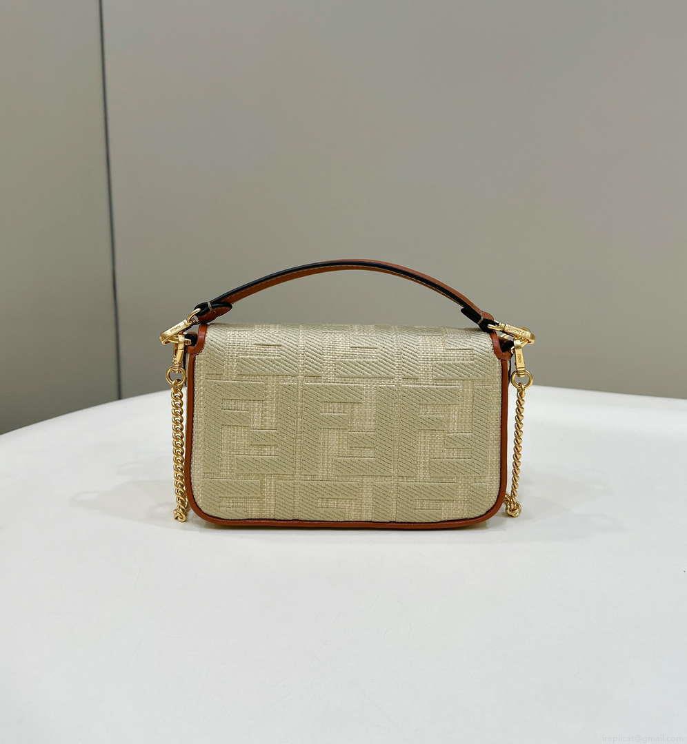 Fendi 8BS017 Mini Baguette Apricot canvas bag with FF embroidery 0159BS
