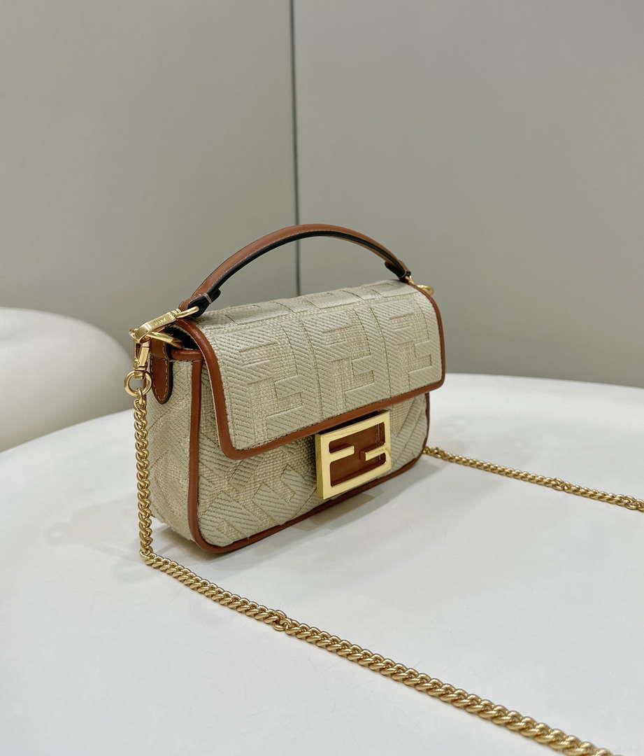 Fendi 8BS017 Mini Baguette Apricot canvas bag with FF embroidery 0159BS