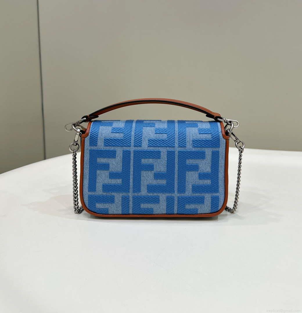 Fendi 8BS017 Mini Baguette Sky Blue canvas bag with FF embroidery 0159BS