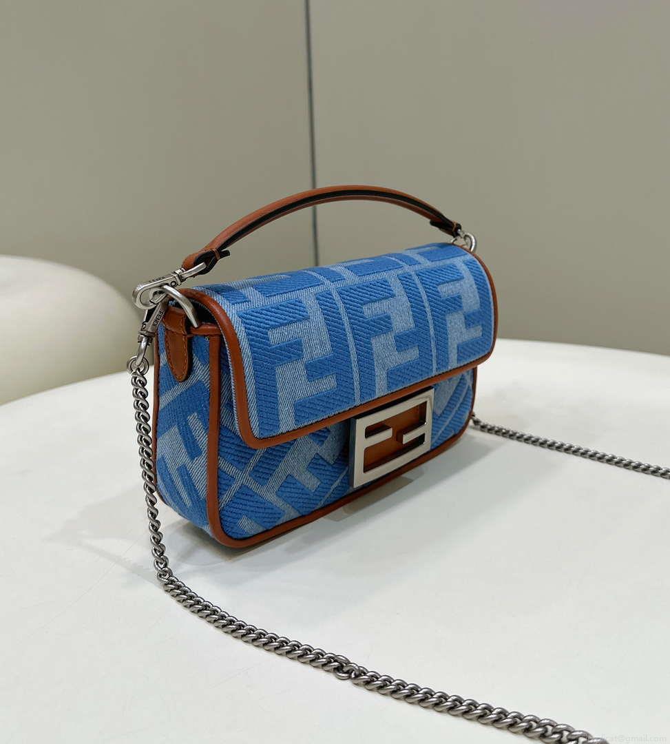 Fendi 8BS017 Mini Baguette Sky Blue canvas bag with FF embroidery 0159BS
