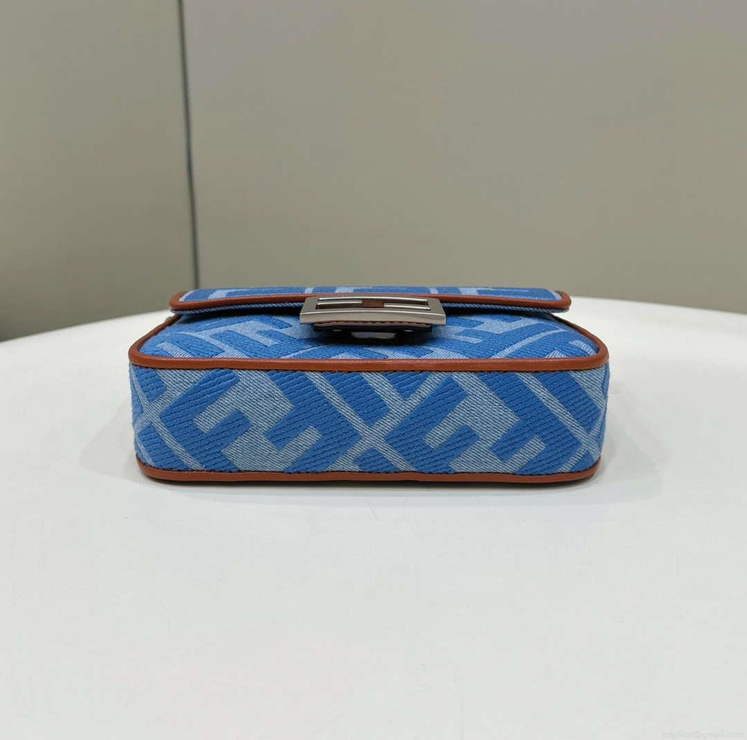 Fendi 8BS017 Mini Baguette Sky Blue canvas bag with FF embroidery 0159BS