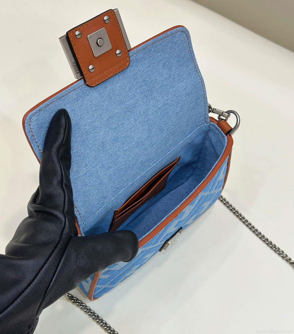 Fendi 8BS017 Mini Baguette Sky Blue canvas bag with FF embroidery 0159BS