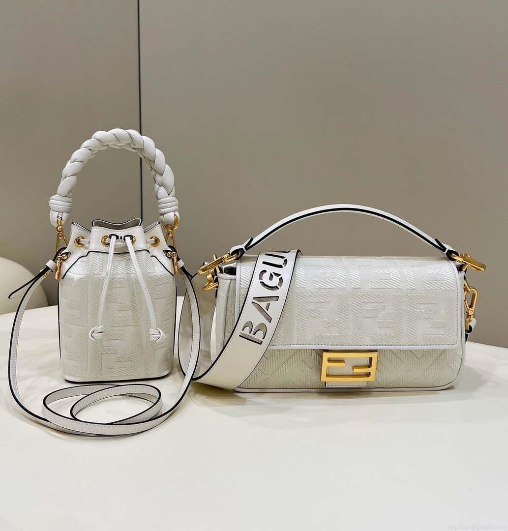 Fendi 8BR600 Baguette Medium bag with FF embroidery 8598 White