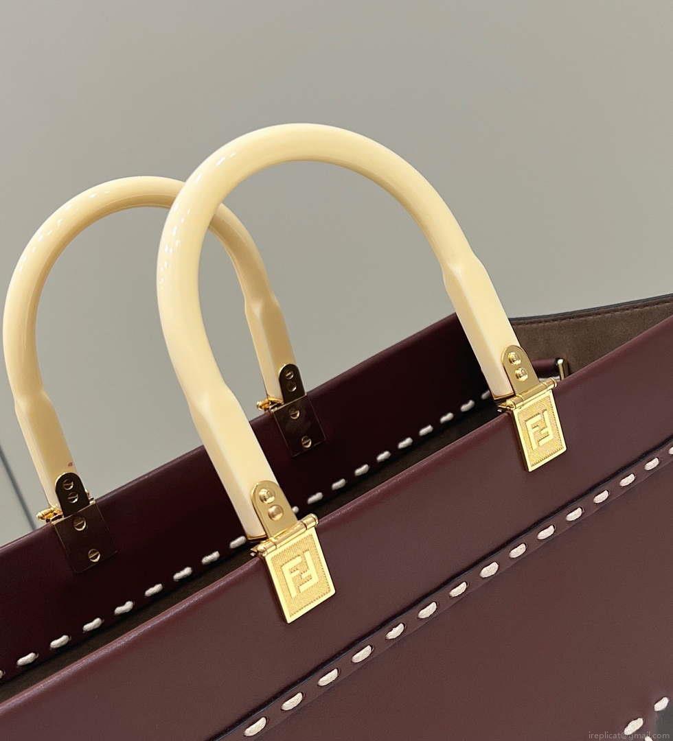 Fendi 8BH386 Sunshine Medium Wine Red leather shopper bag with contrasting threading 80015