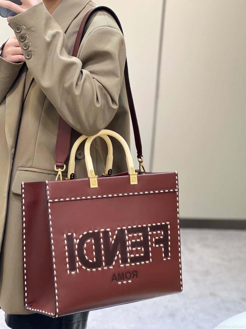 Fendi 8BH386 Sunshine Medium Wine Red leather shopper bag with contrasting threading 80015
