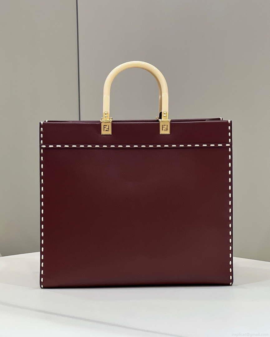 Fendi 8BH386 Sunshine Medium Wine Red leather shopper bag with contrasting threading 80015