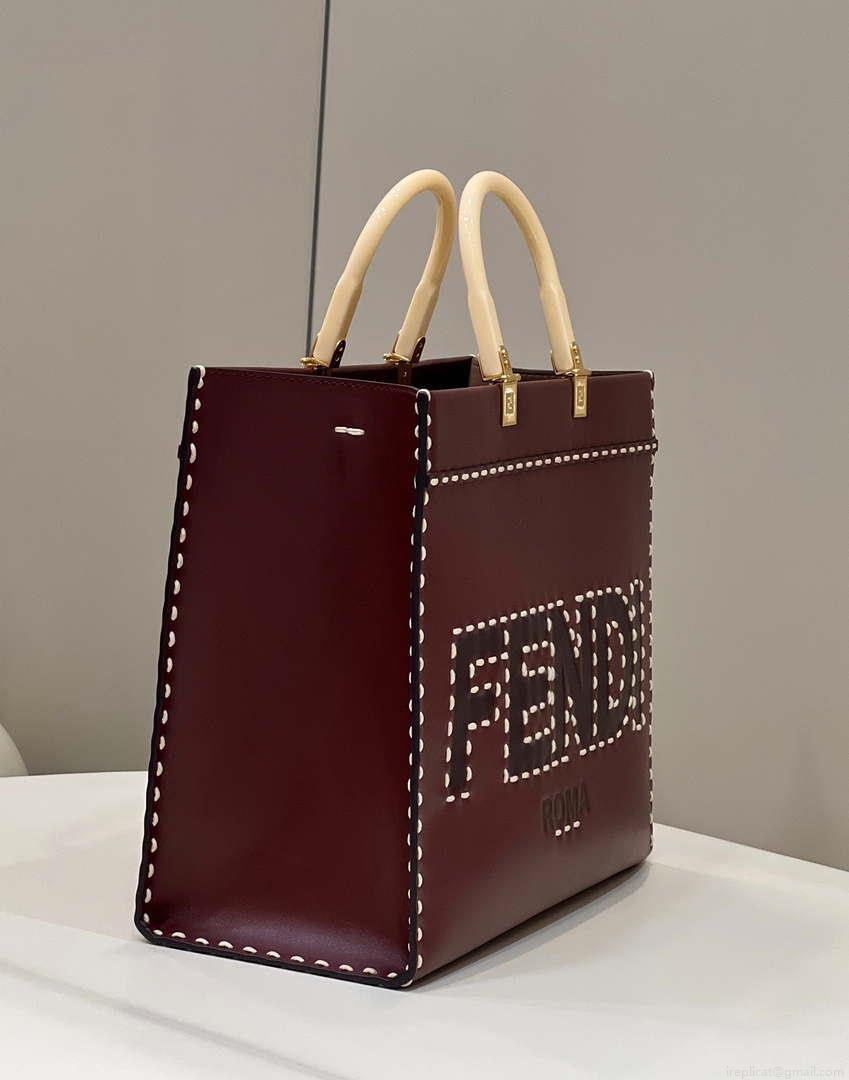 Fendi 8BH386 Sunshine Medium Wine Red leather shopper bag with contrasting threading 80015