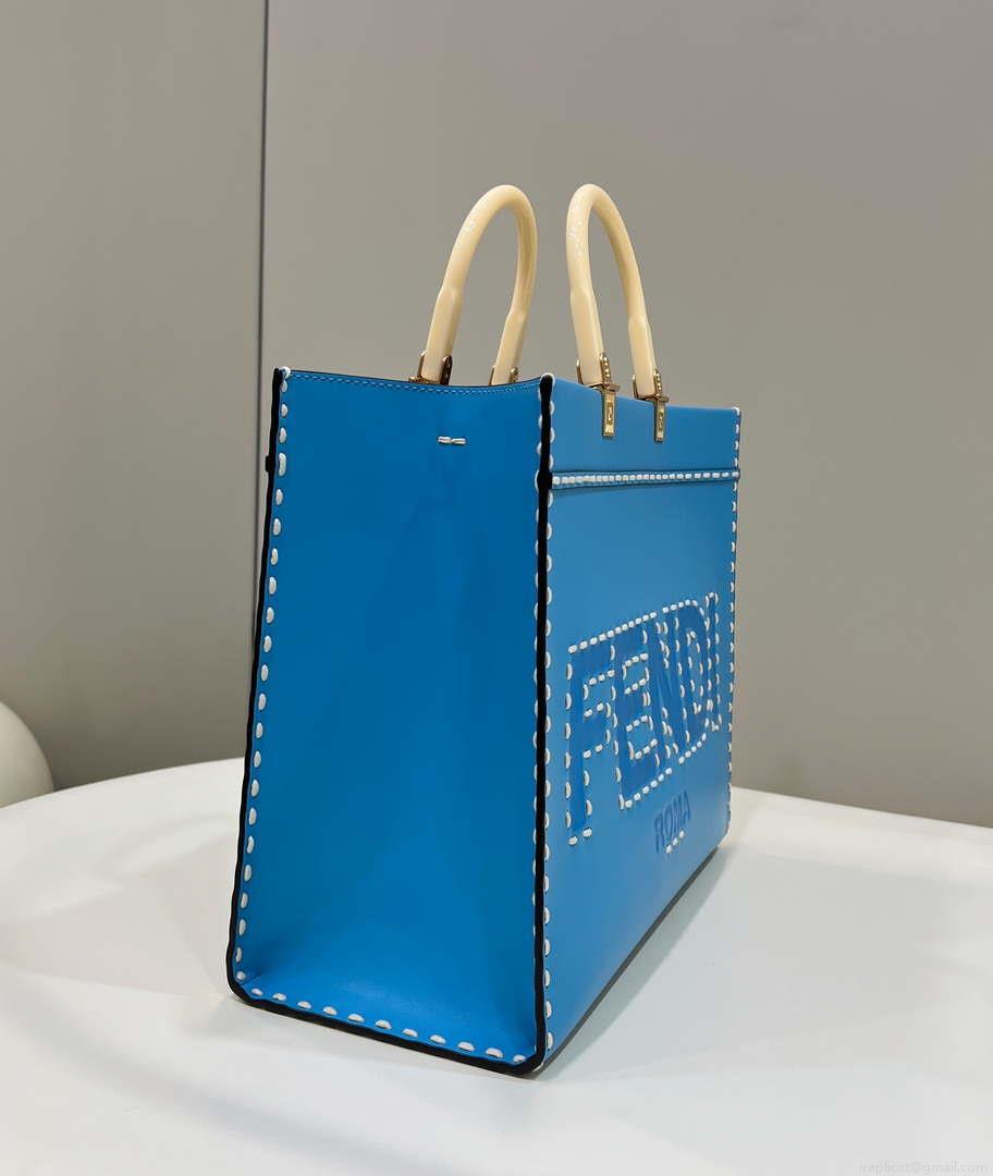 Fendi 8BH386 Sunshine Medium Blue leather shopper bag with contrasting threading 80015