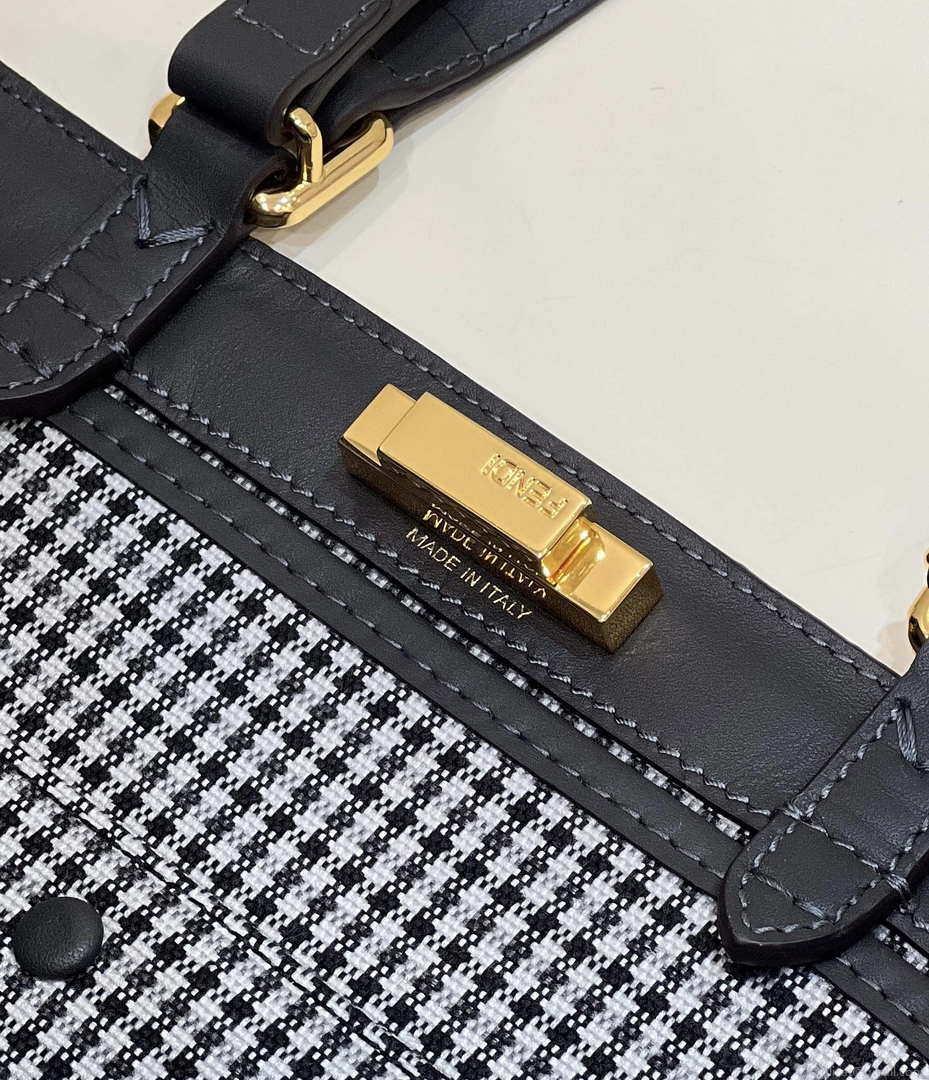Fendi 8BH374 X-Tote Gray houndstooth wool shopper with FF embroidery
