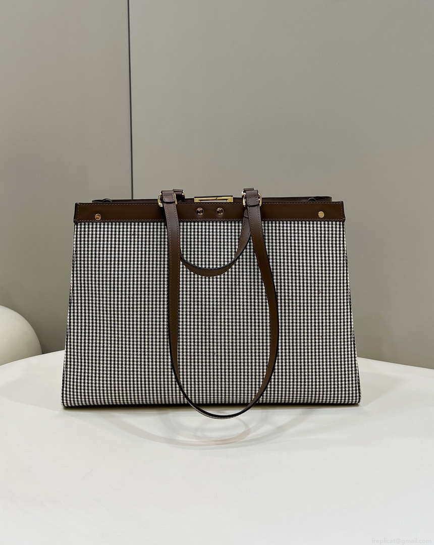 Fendi 8BH374 X-Tote Brown houndstooth wool shopper with FF embroidery 8589